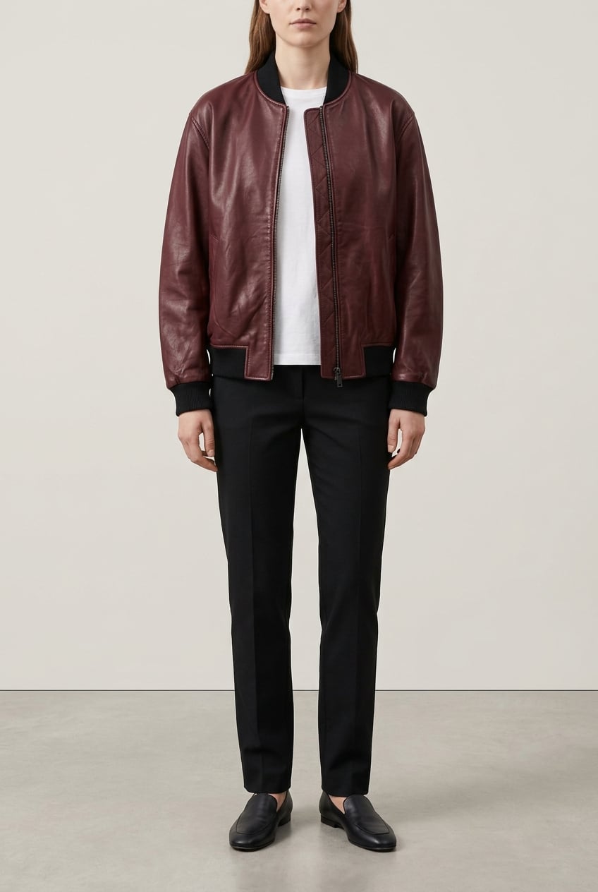 Leather Bomber Jacket Burgundy – image 1