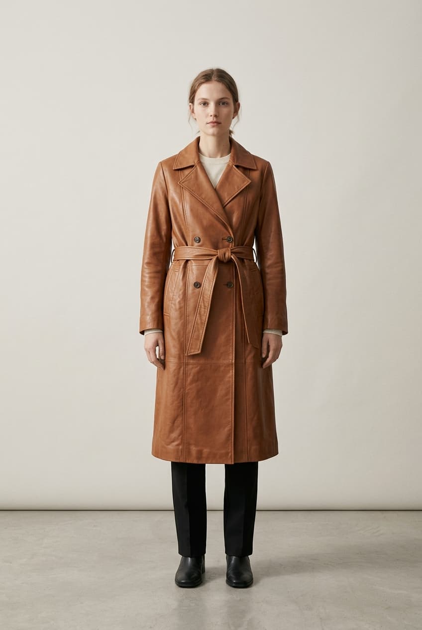 Belted Leather Trench Coat – Cognac